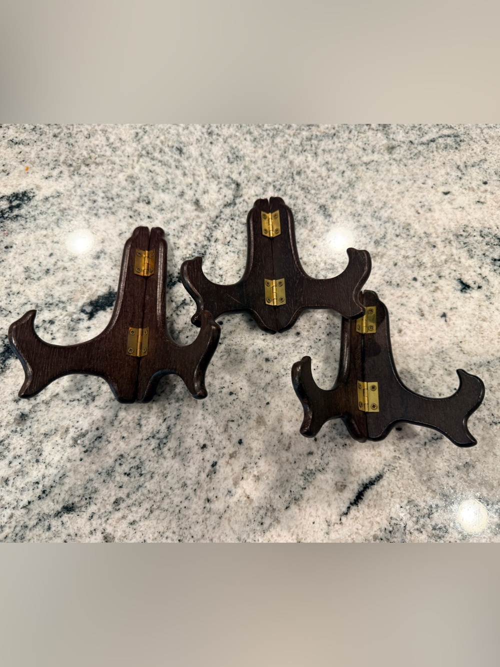 Vintage Wooden Plate Holders. Hinged Easel Stand. Set of Three